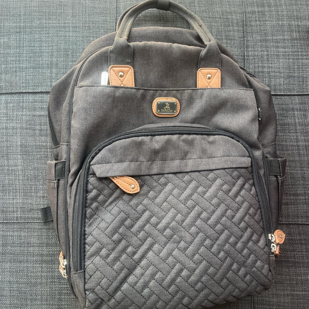 Sophisticated Gray and Tan Backpack with Geometric Design diaper bag